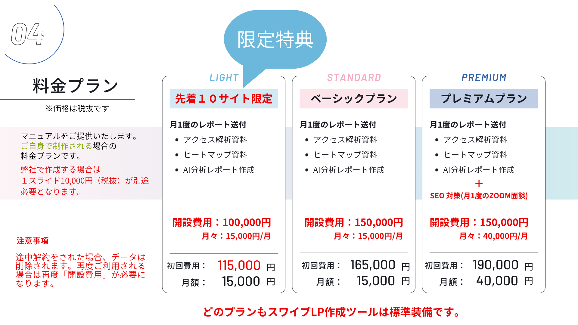 スワイプLPクリエイター料金プラン｜選べる3タイプと限定特典あり！